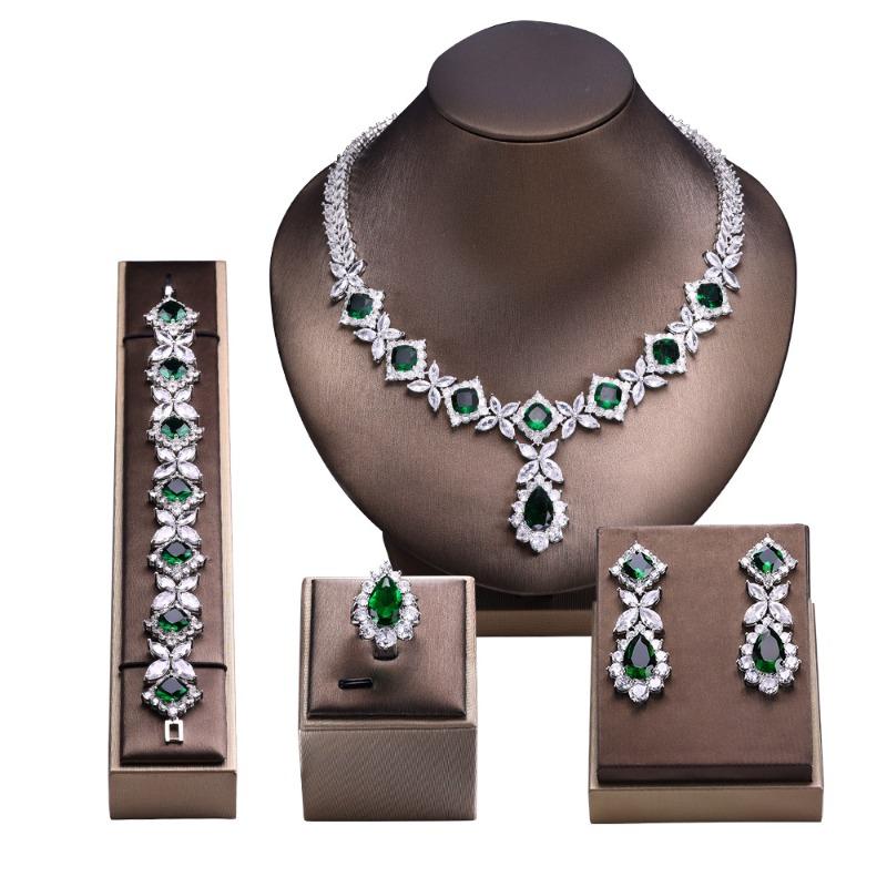 Copper Zircon Necklace Earrings Luxury Sparkle Colored Gemstones Bridal Wedding Dress Party Accessories Bracelet