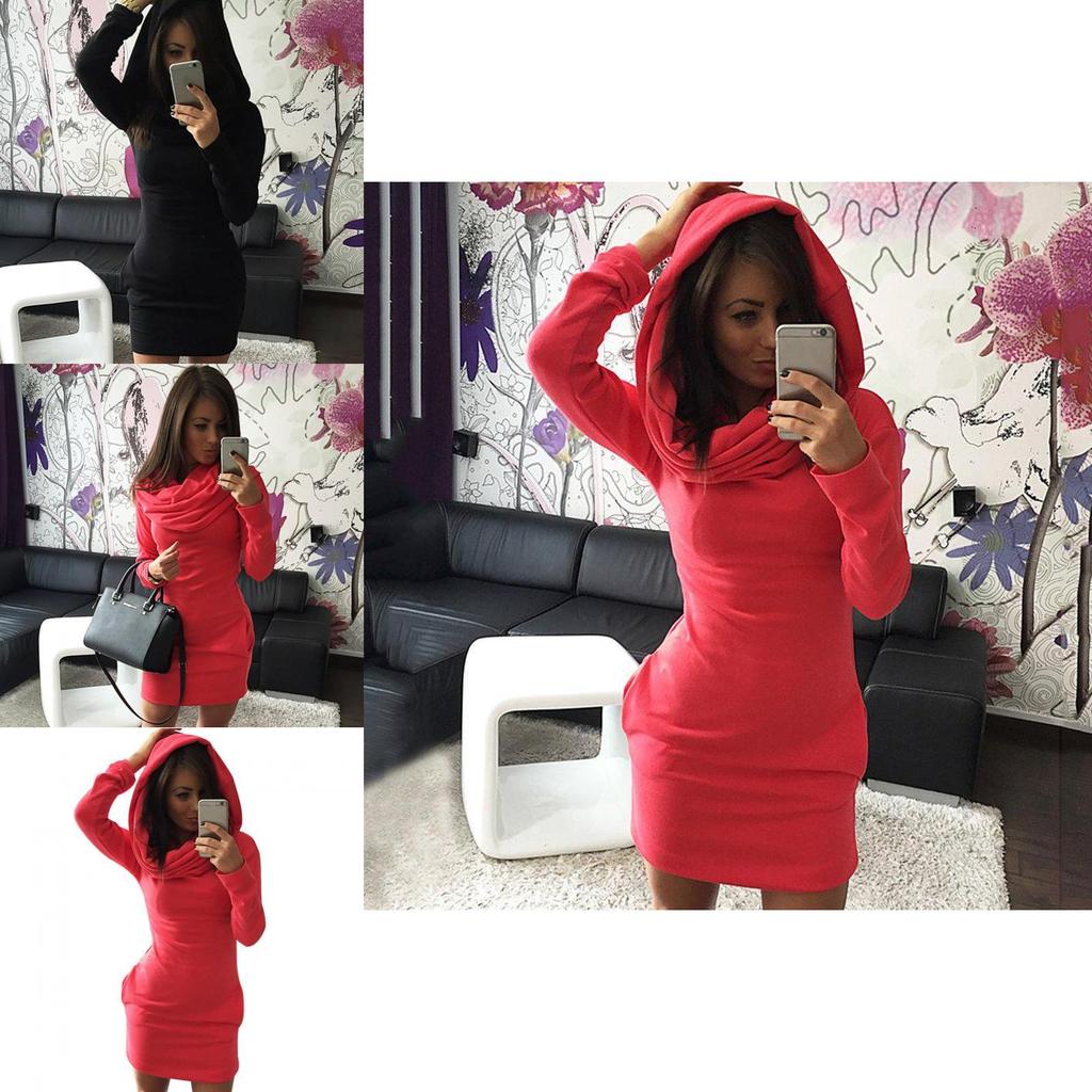 Elegant Autumn Spring Warm Women Dress With Irregular Hem And Cozy Hooded Design