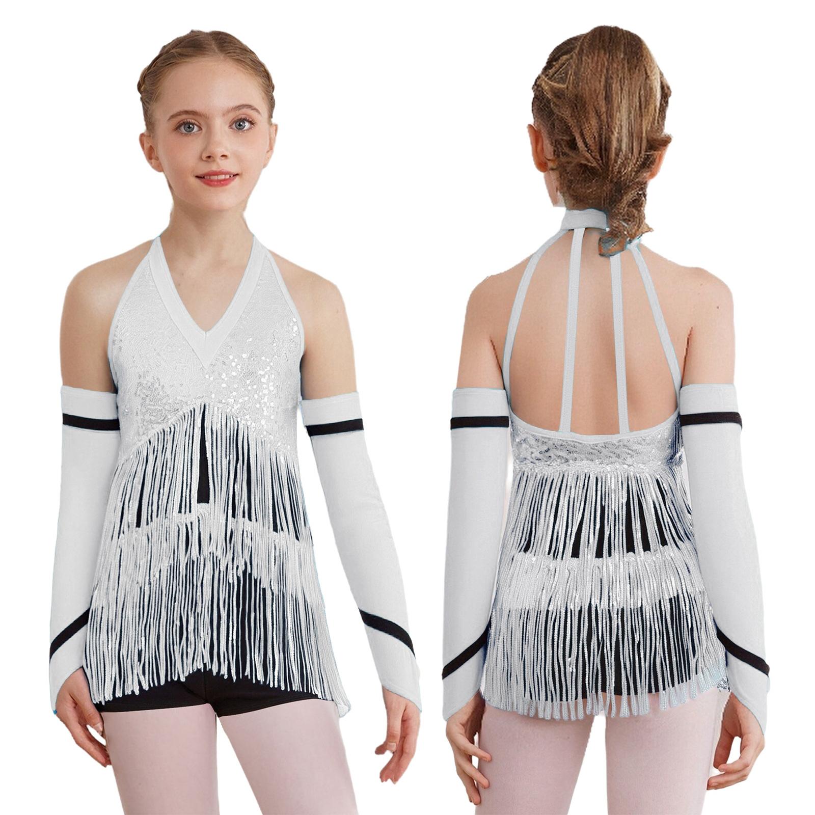 

Kids Girls Stage Competition Leotard: Sparkling Sequin Color Block Design, Halter Neck with Back Straps & Gloves 5-6 Years