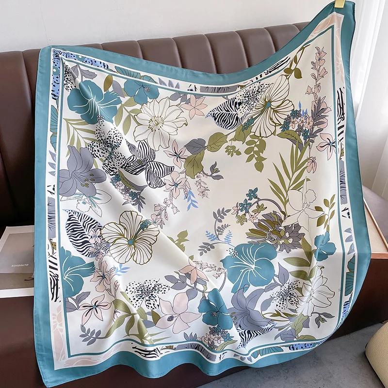 New Fashion Print Twill Silk Scarf Women Hijab Muslim Headband 90cm Square Bandana Foularf Summer Shawl Beach Stoles Echarpe