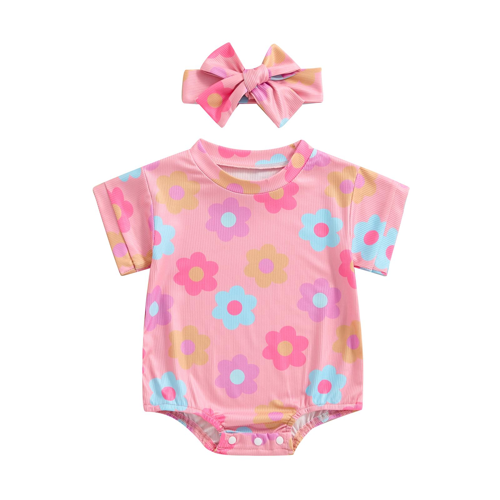 

Летний повседневный комбинезон для маленьких девочек 3, 6, 12, 18 месяцев, комбинезон с короткими рукавами, круглым вырезом и цветочным принтом, с повязкой на голову 3-6 Months розовый