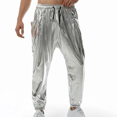 Men Pants Drawstring Elastic Waist Glossy Surface Loose Soft Side Pockets Pleated Solid Color