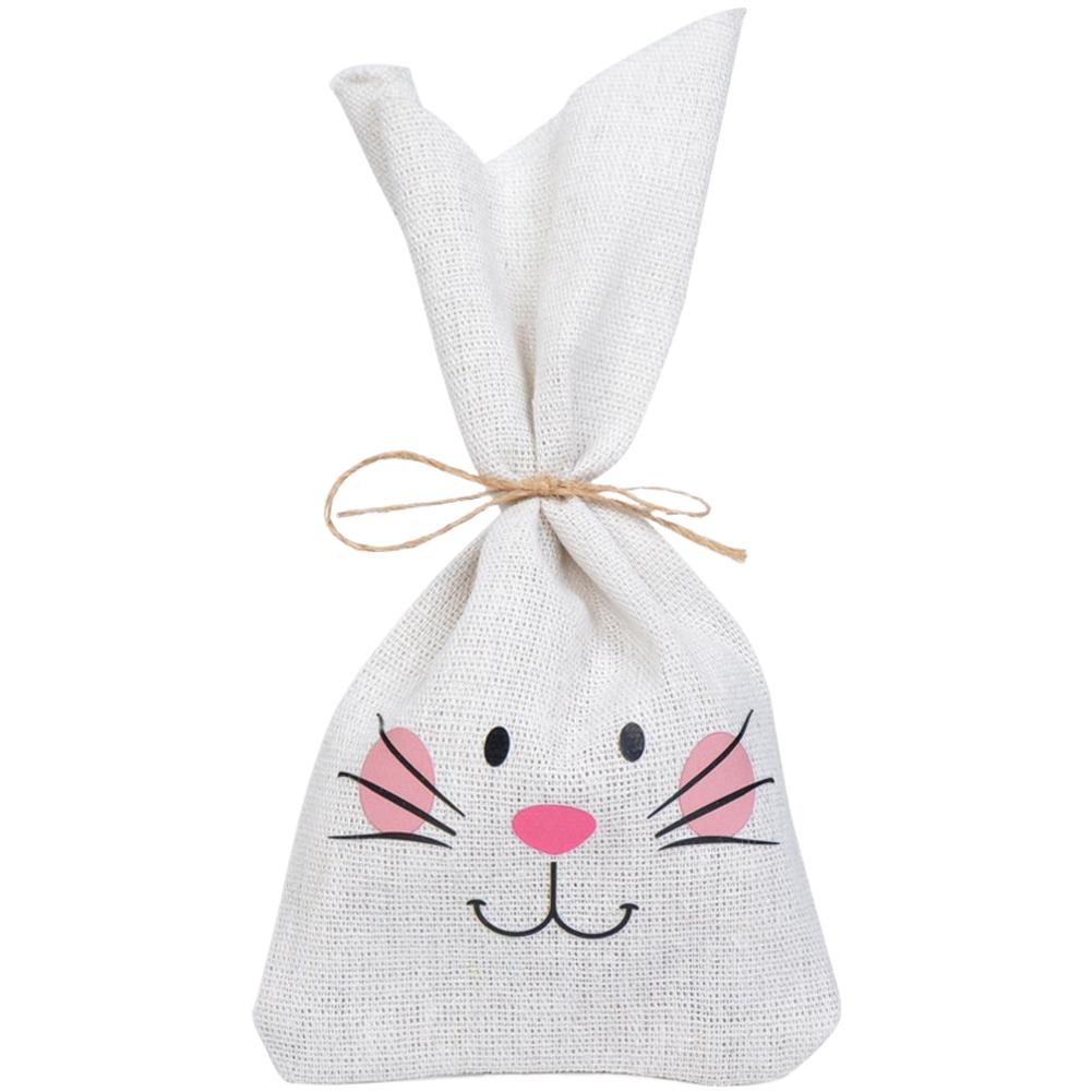 White cotton linen reusable candy bag for Easter with rabbit ear design heat transfer print measures 23 11cm one bag or ten