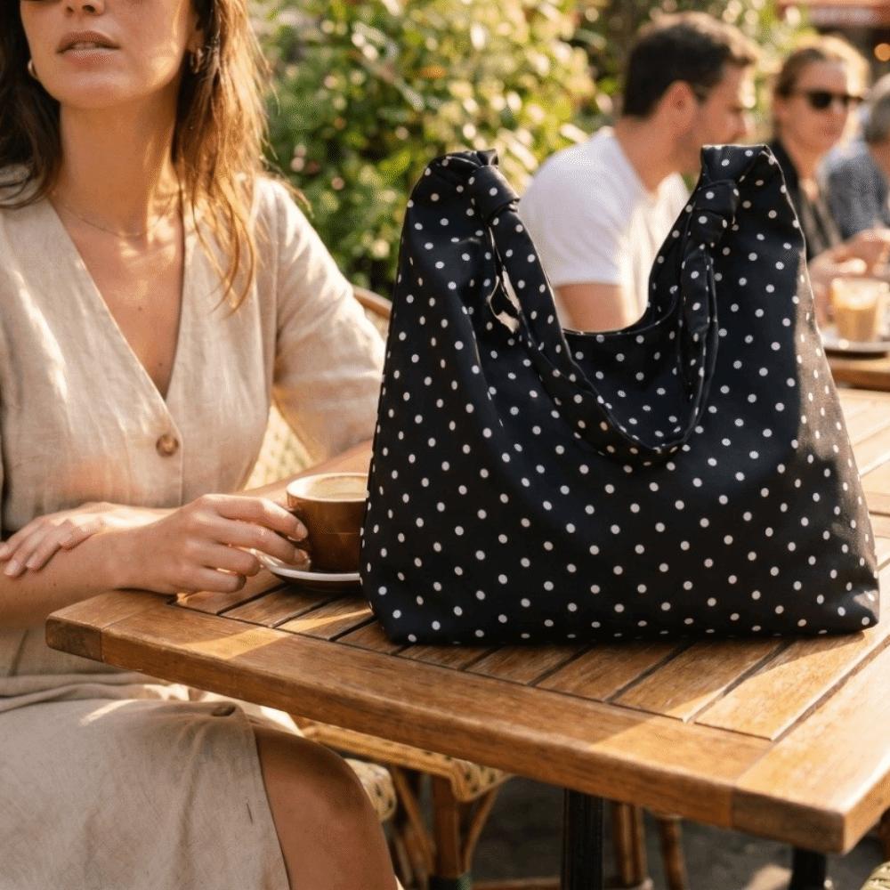 Sweet Polka Dot Tote Bag Spacious Bow Tie Handbag Travel Canvas Shoulder Bag Daily Use