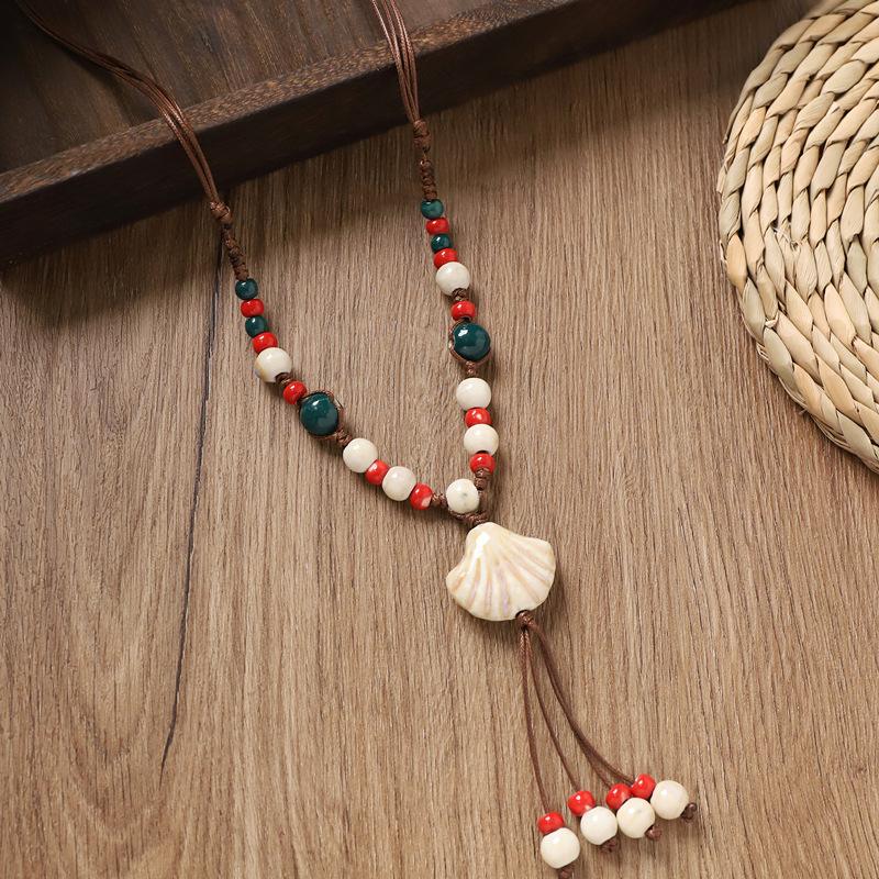 Retro Ceramic Beaded Necklace for Women, Handmade Long Sweater Chain, Ethnic Vintage Chinese Style Jewelry