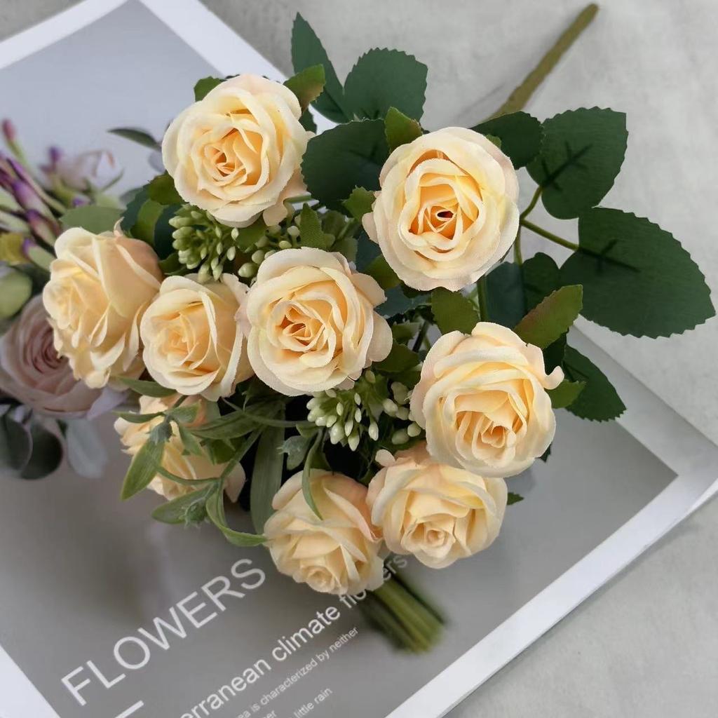 10-Head Silk Flowers Artificial Small Roses Vintage  for Wedding Desk Home Party DIY Bouquet Decor Fake Roses Flower Arrangement