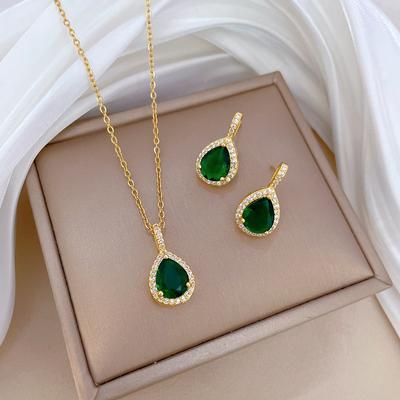 Water Drop Green Zircon Micro-Inlaid Necklace Earrings Set Light Luxury Personality Temperament Earrings Necklace Combination