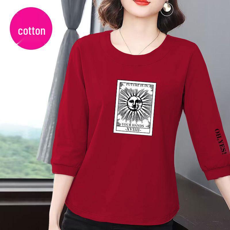 

Women s Summer 2025 Korean Style Loose Seven-Sleeve Slimming Cotton T-Shirt S (up to 85 kg) красный