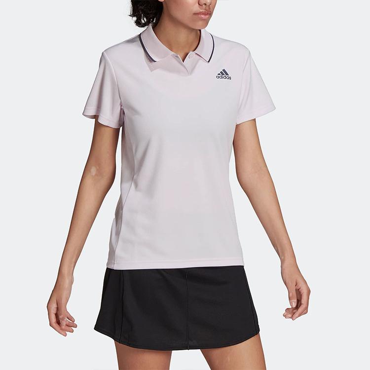 Adidas Alphabet Logo Print Striped Collar Short Sleeve Polo Shirt Women Tops Pink HC2719