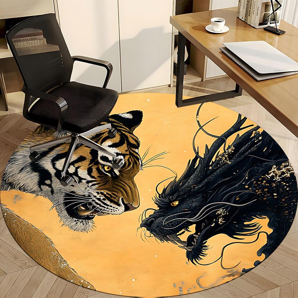 1pc Tiger Dragon Art Print Carpet, Round Non Slip Durable Large Size Office Carpet, Suitable for Office