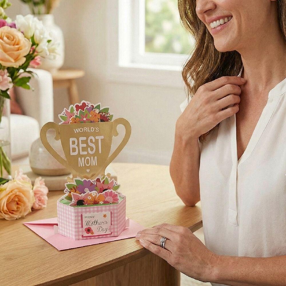 Romantic 3D Award Cup Greeting Cards with Envelope Stereo Love Postcard  Festival Decoration