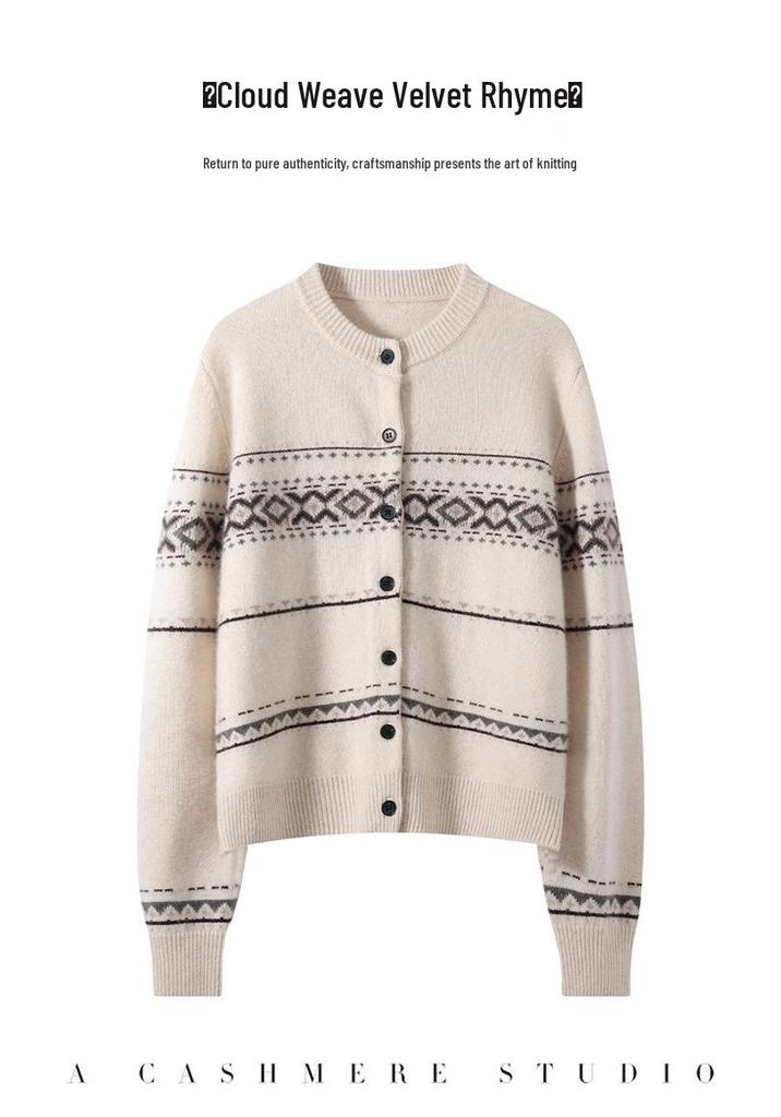 1980 Women's 35% Cashmere Nordic Knit Cardigan - Winter Double-Strand Thick Sweater Coat