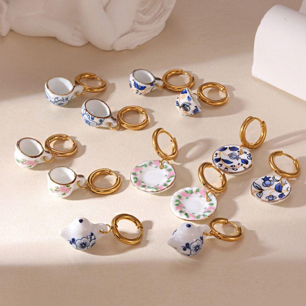 Chinese Style Blue and White Porcelain Earrings Dripping Oil Gold Enamel Hoop Earrings  Party