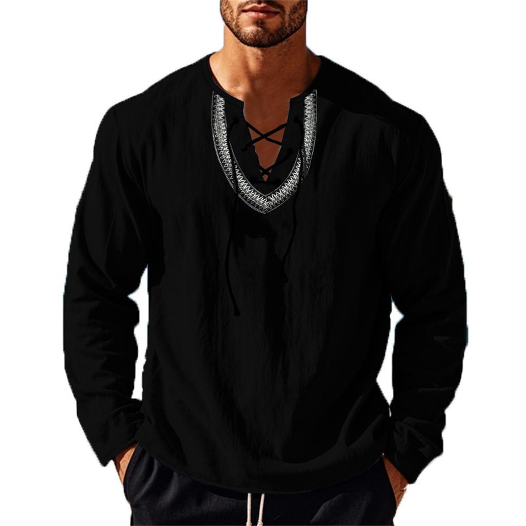 Men's Loose Casual Cotton And Linen Drawstring Collared Shirt Top