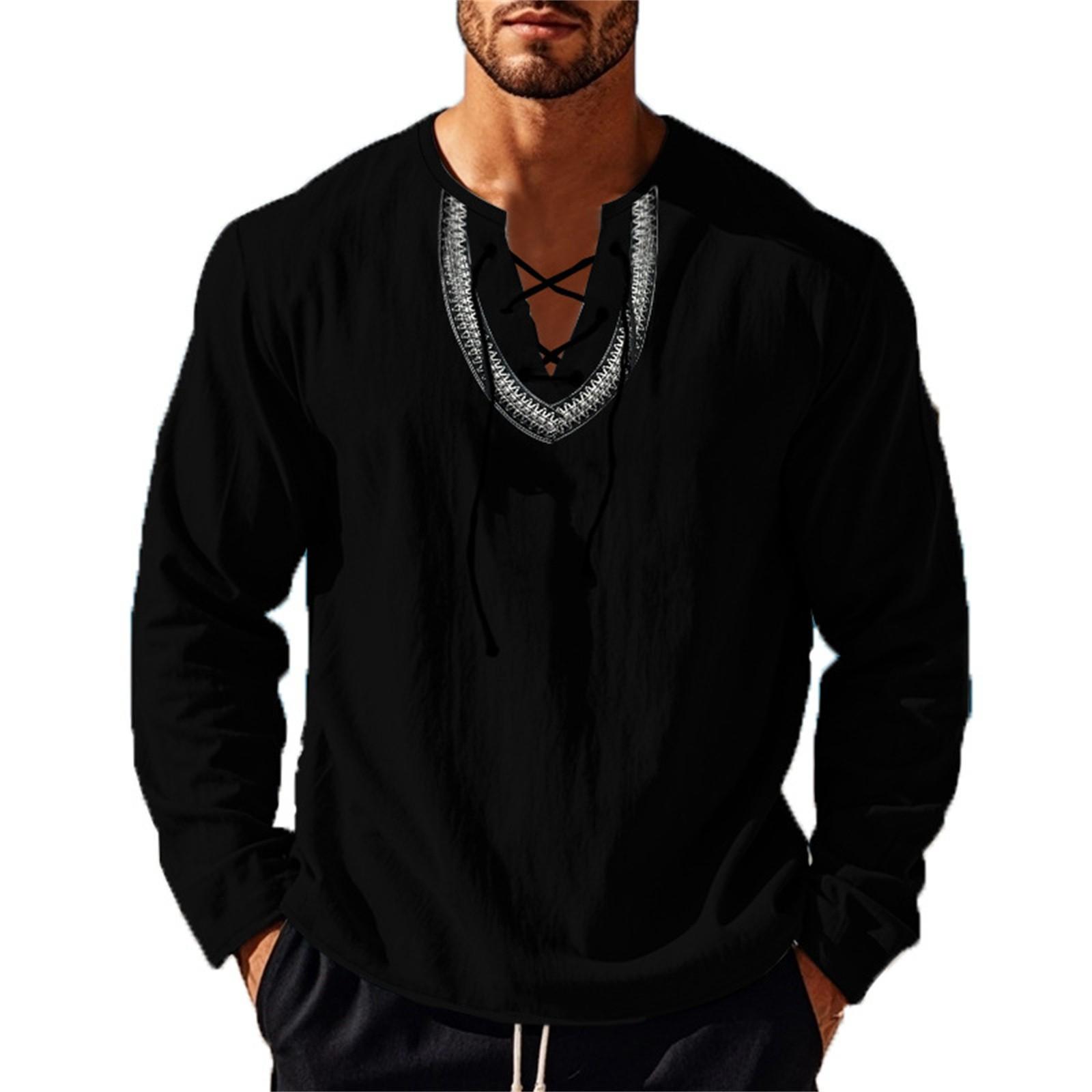 

Мужская свободная повседневная хлопково-льняная рубашка с воротником и кулиской XXXL чёрный