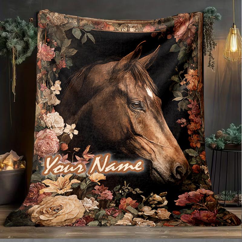 1PC Custom Name Horse Portrait Flowers Outdooor Flannel Blankets Patterns Throw Blanket All-Season Soft Gift for Couch, Bed, Camping Gifts