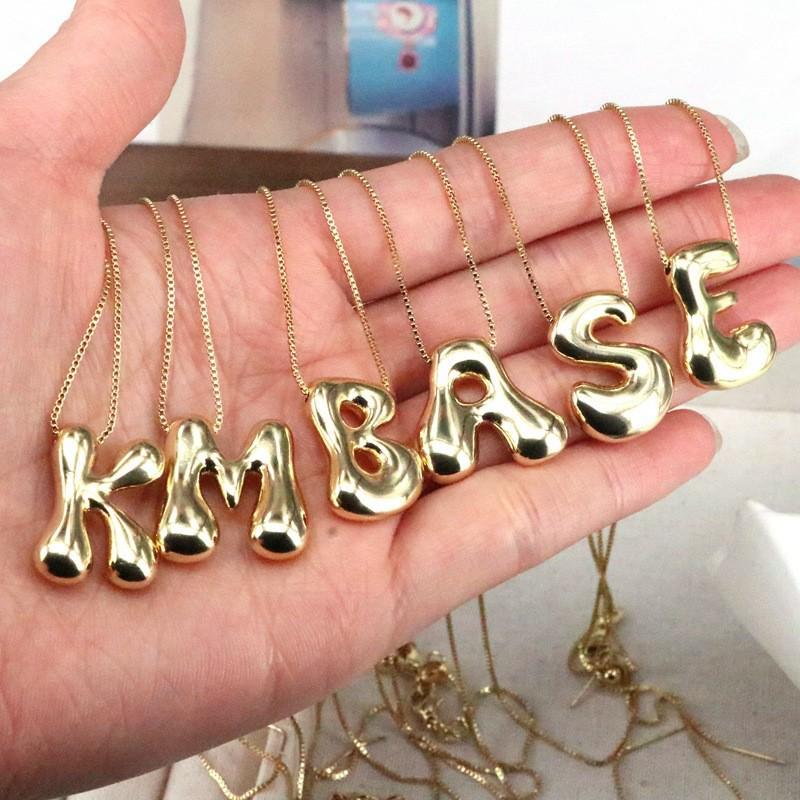 18K Gold Plated Copper Balloon Bubble Chubby Alphabet Pendant Necklace Box Chain