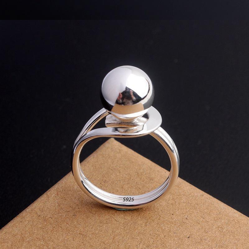 Sam Panda 925 Silver Simple Ring For Women Fine Jewelry Finger Adjustable Open Vintage Big Ball Ring For Party Birthday