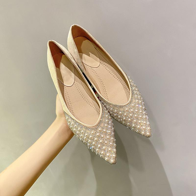 New Low-Heel Classic Fashion Versatile Pointed Toe 3cm Chunky Heel Shallow Mouth Rhinestone Pearl Mesh Women'S Shoes