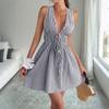 Summer Vacation Style Women's Sleeveless Striped Deep V Neck Sexy Mini Dress