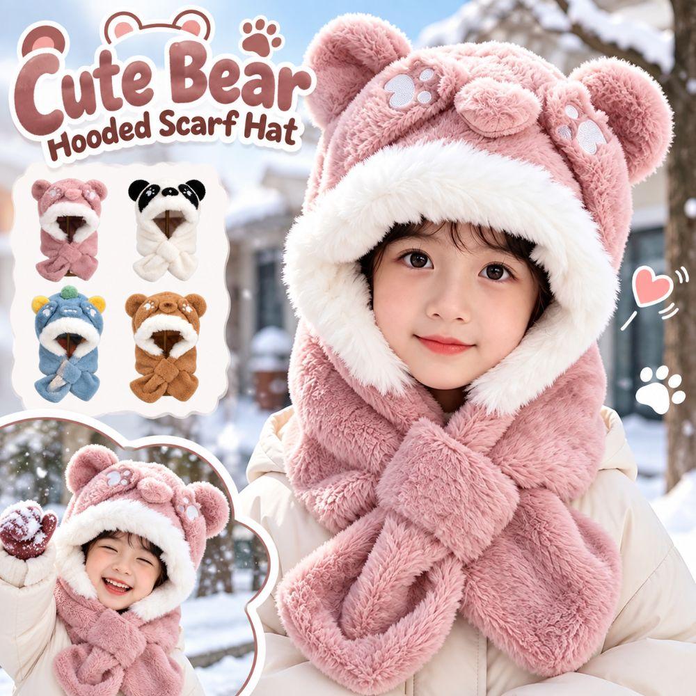 Thickened Winter Kids Plush Hat 2-in-1 Hat Scarf Cute Children's Hooded Scarf Winter