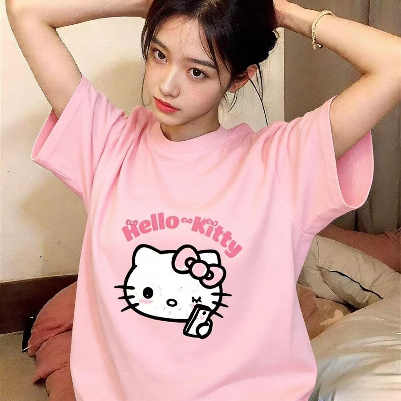 

Sanrios 2026Summer New Collection HelloKitty Cartoon Print Pure Cotton LooseFitting Breathable Womens ShortSleeved TShirt S