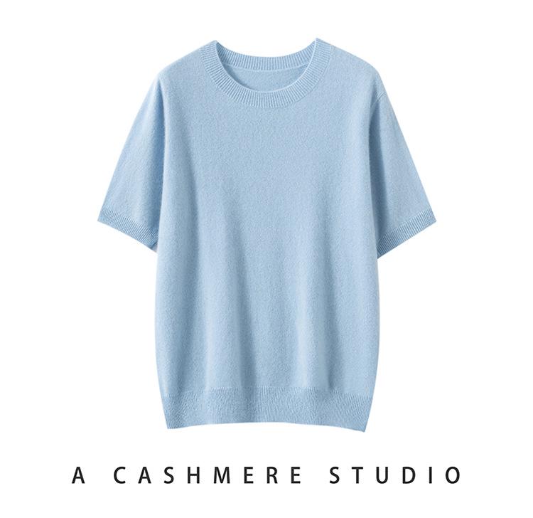 Twelve-Needle Women's Solid Cashmere Knit Pullover: Flat Round Neck, Short-Sleeved, Versatile Design