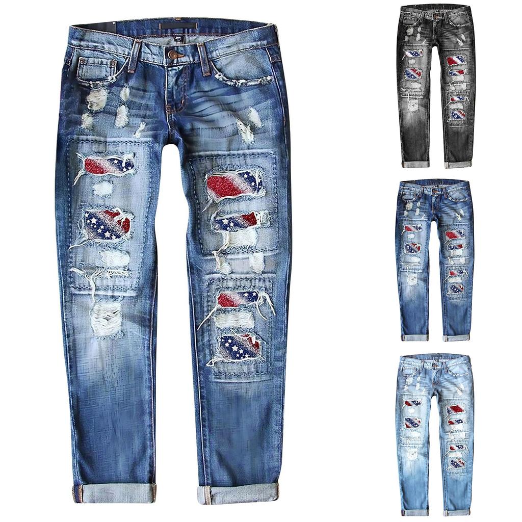 Women's Casual Fashion Printed Ripped Jeans - Trendy Distressed Denim Pants for Comfortable Everyday Wear