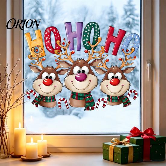 Indoor Party Decorations Christmas Static Cling Window Stickers, Cartoon Reindeer HOHOHO Art Glass Decals, Door Decor Festive Holiday for Home Windows