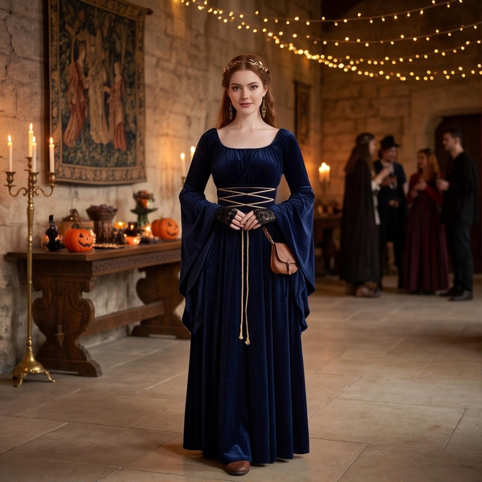 Women s Long Sleeve Round Neck Belted Dress with Irregular Hem for Halloween Costume Party L