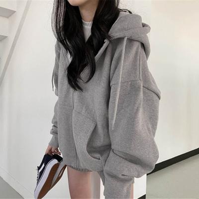 Autumn Spring Women Coat Hooded Drawstring Long Sleeves Pockets Zip-up Elastic Cuff Hem Loose Sport Hoodie Casual Daily Wear Jacket