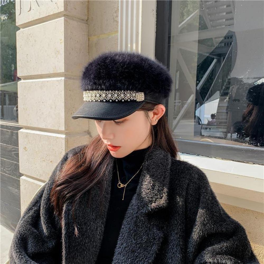 Women's Hats Fall and Winter Plush Flat Top Navy Hat Fashion Versatile Pearl Cap Lace Winter Star Anise Beret