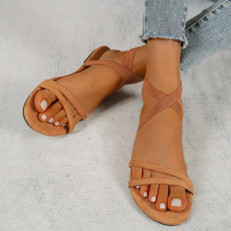 Fashion Shoes Female 2025 Open Toe Women's Sandals Outdoor Casual Sandals Women Plus Size Round Toe Elastic Band Flat with Shoes Women
