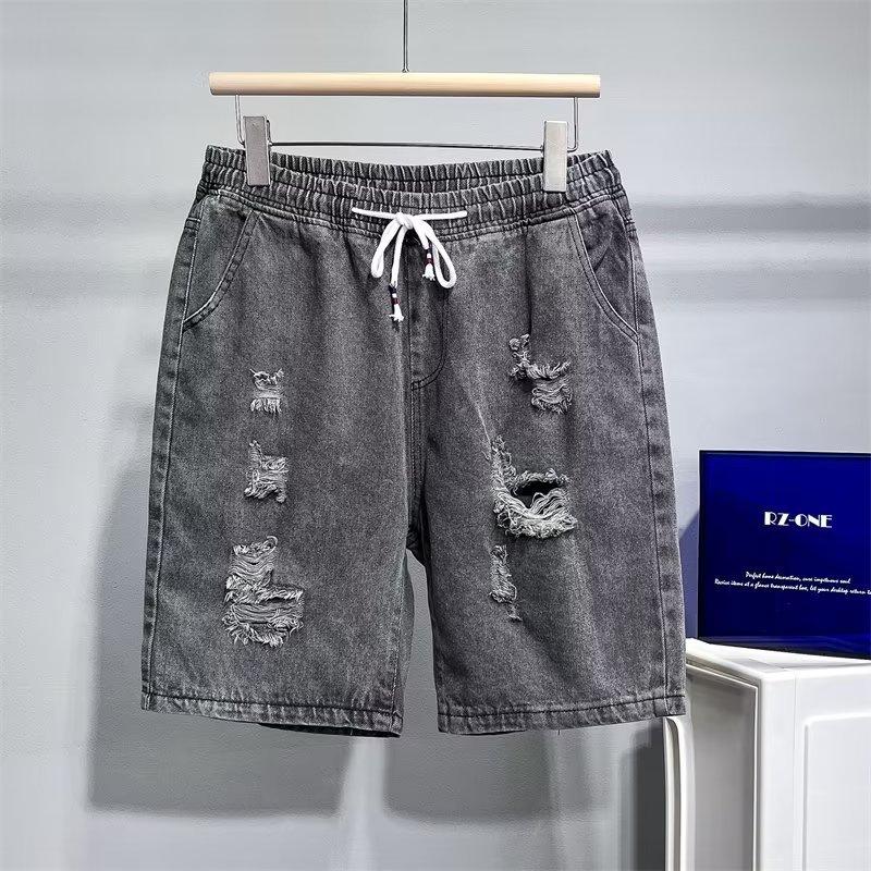 Men's denim ripped casual daily loose and versatile trend summer retro breathable simple fashion five-point pants tide