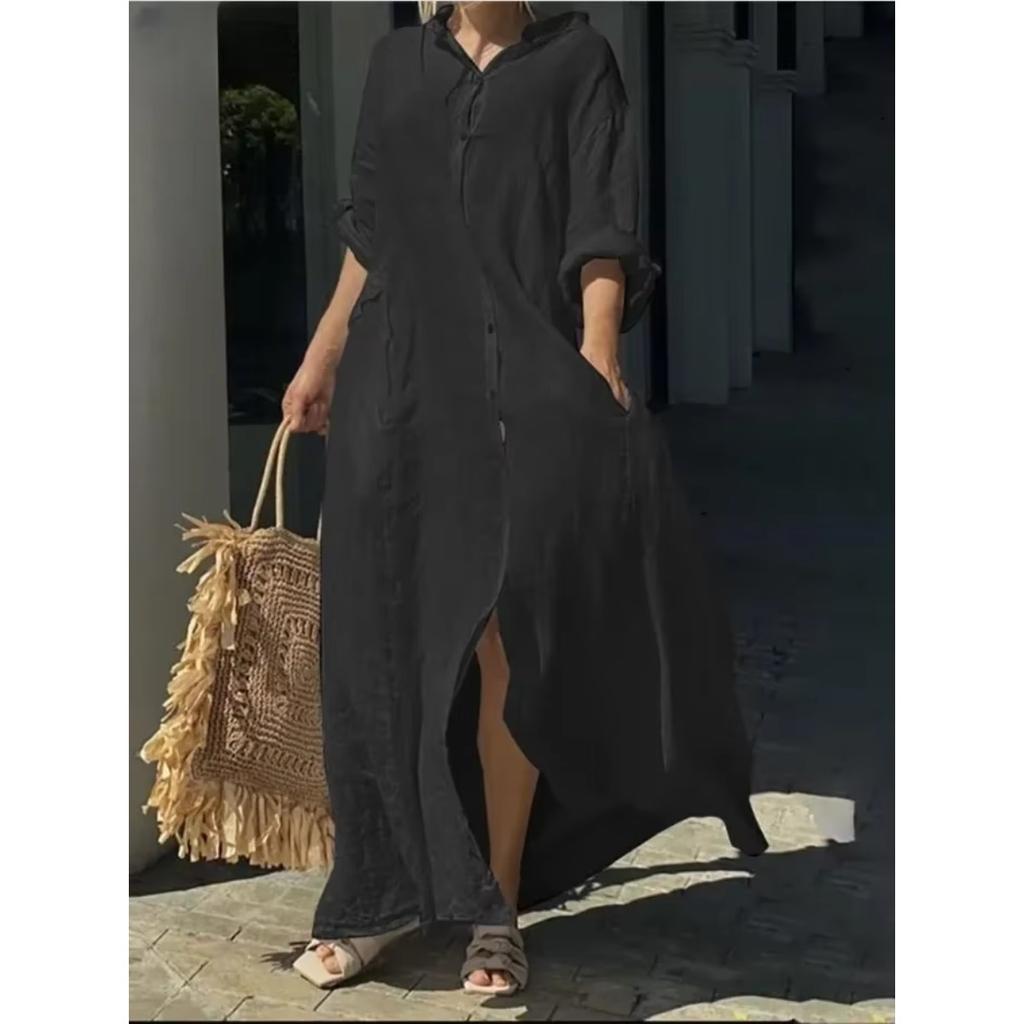 Frühlings Baumwolle Leinen Oversize Damen Kleid Lang Weiß Knopf Locker Kleider Weiblich Neu Lässig Trendig Elegant Damen Kleidung
