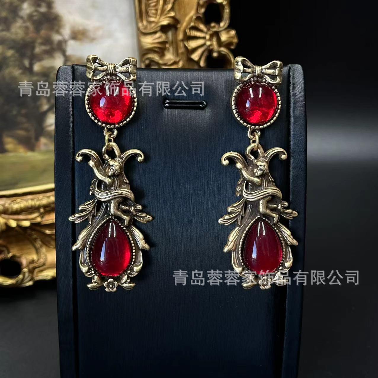 

Ancient Western Antique Red Glass Earrings Vintage Metal Heavy Industry Old Butterfly Knot Jewelry