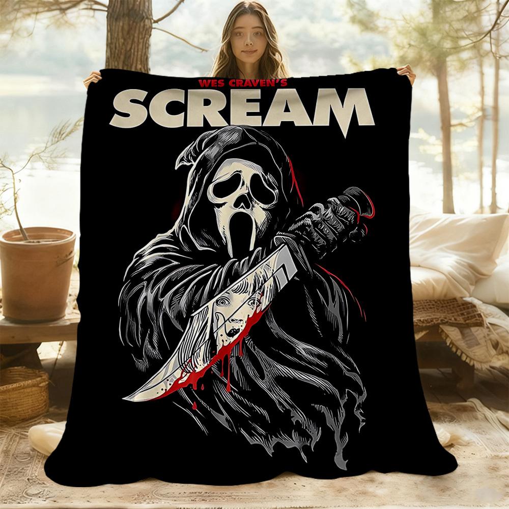1PC Ghostface Scream Outdoor Flannel Throw Blanket - HD Printed Lightweight Soft Warm All-Season Blanket for Sofa, Bed, Travel, Camping 037