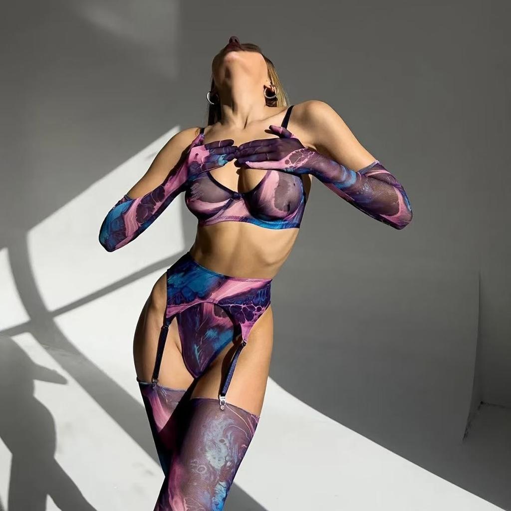Populární barevné tie-dye malé prsa sbírající síťované sexy spodní prádlo pětidílná souprava pro ženy