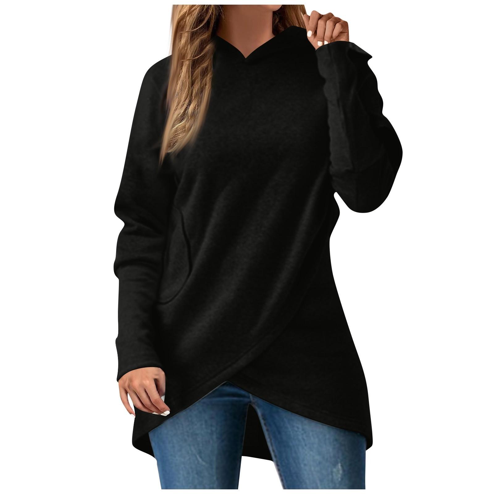 

Женский свитер с длинными рукавами и неровным низом, повседневная толстовка с капюшоном, однотонный топ XL чёрный