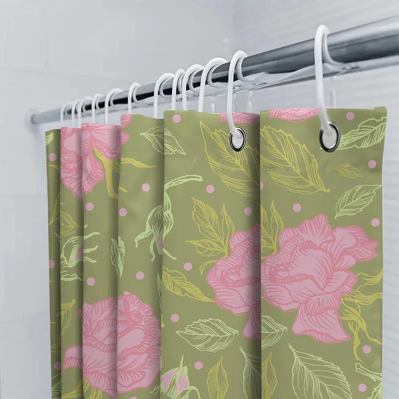 Vintage Floral Shower Curtainpink Peonies Green Leaves Olive Green Bath Mat Decor For Home Bathroom Decoration
