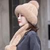 Women's winter warm two-piece scarf hat set, Rex rabbit wool thread thickened fur straw hat real hair scarf