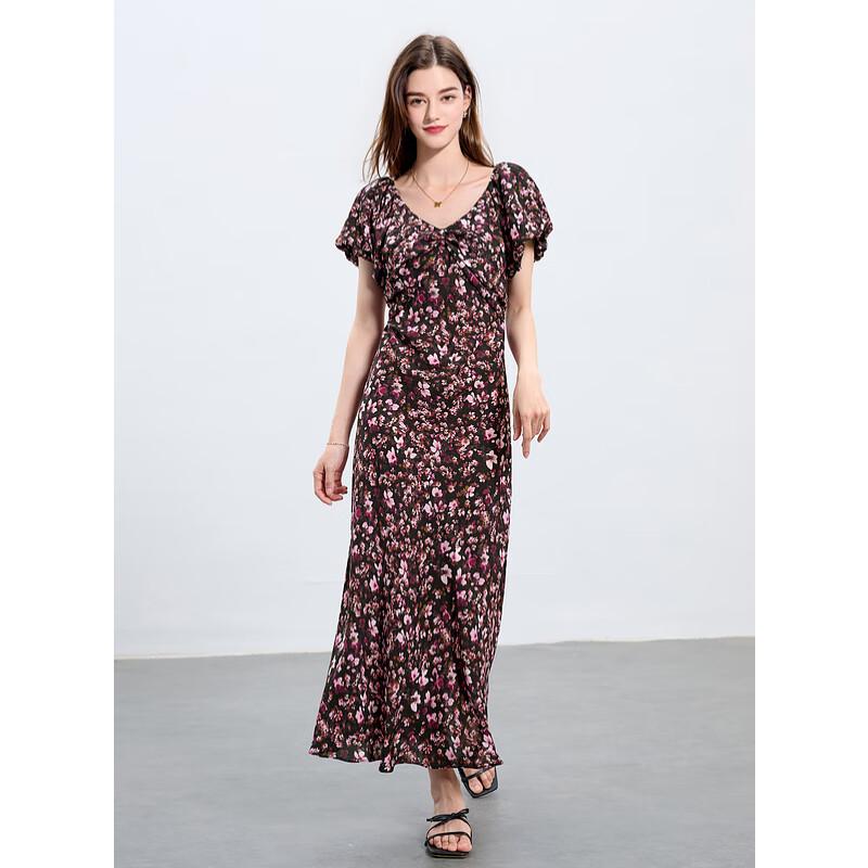 Sancai 2025 Summer V-neck Floral Bubble Sleeve A-line Maxi Dress