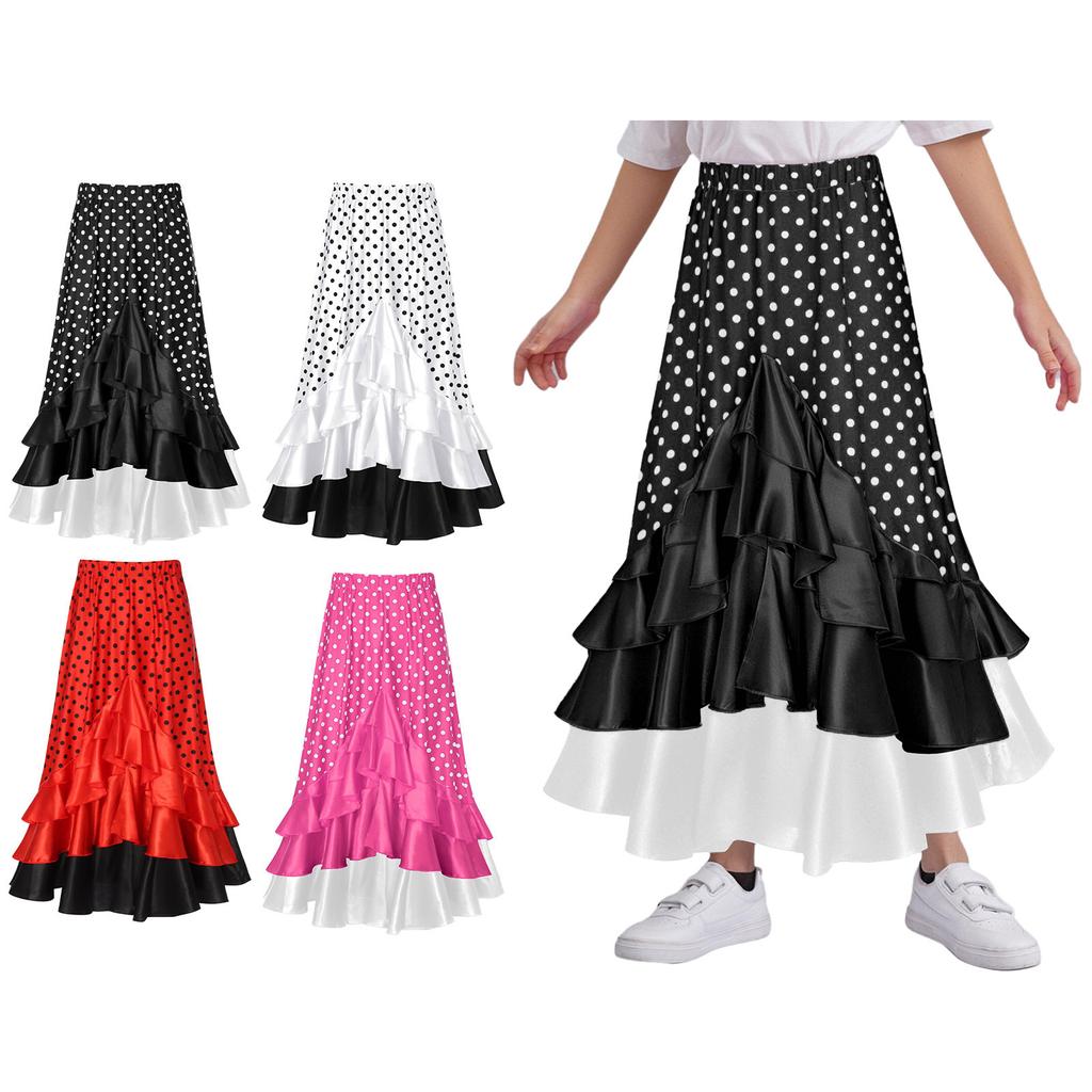 Kinderrock mit Polka-Dots und Rüschen im spanischen Flamenco-Stil, elastischer Bund, gestufter Rüschenrock, lang, für Tanzaufführung und Halloween-Party