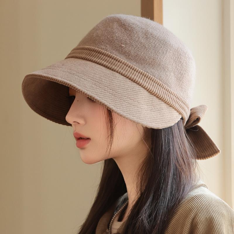 Korean Version of Autumn and Winter New Hat for Women with Big Brim Showing Face Small Duckball Cap Casual Versatile Dome Hat Bow Basin Hat