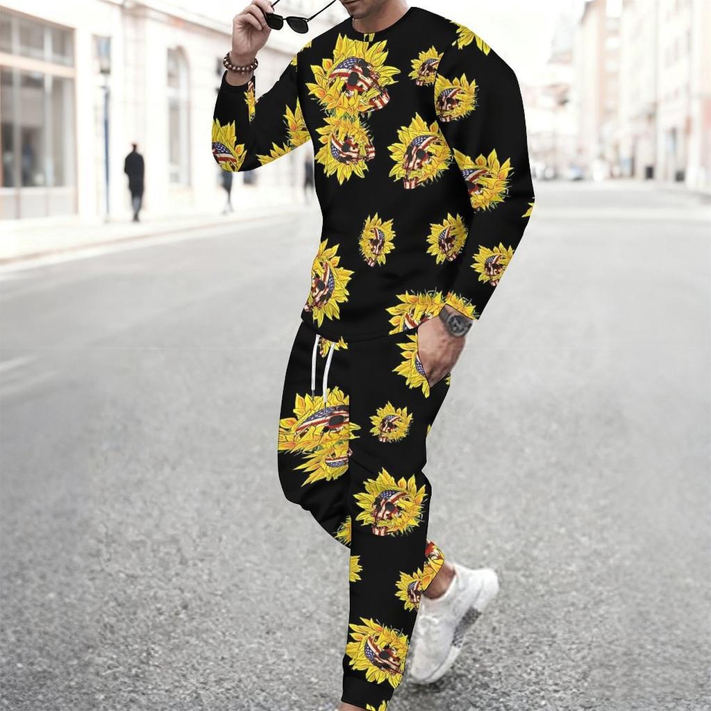Men Sunflower Skull Flag Print Long Sleeve Sweatshirt And Drawstring Jogger Pants Casual Two Piece Streetwear Outfit