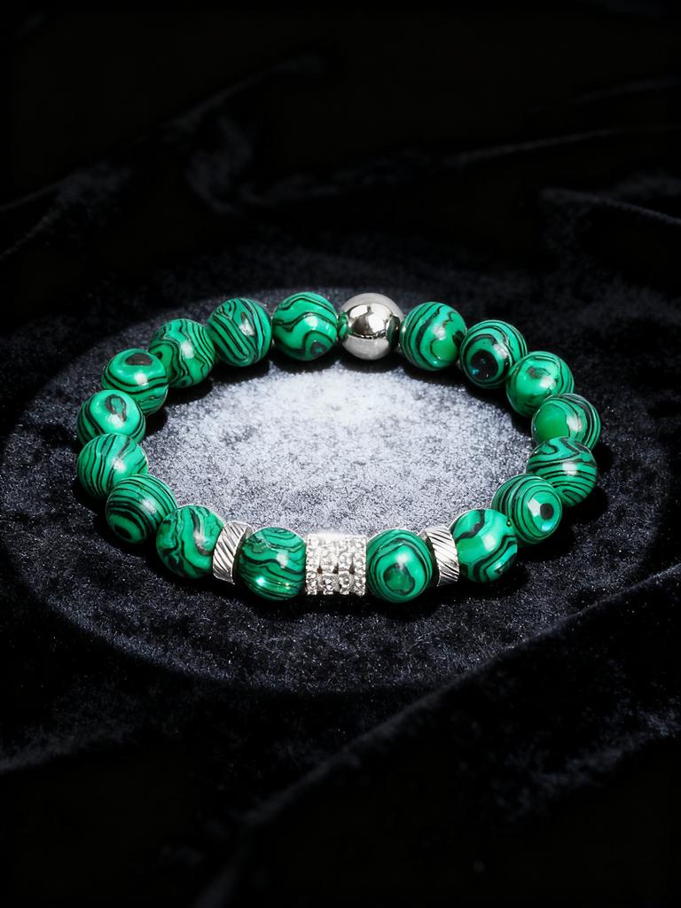 Malachite Bracelet Beaded 10mm Green Stone Natural with Stainless Steel Cylindrical Beads for Energy Healing Reiki Charm Jewelry