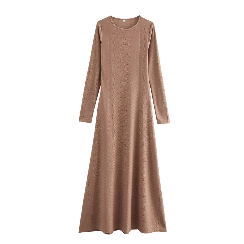 

Kaslead New Arrival Women s Clothing Fashion Style Fashion Minimalist round Neck Long Sleeves Silm Dress Brown L