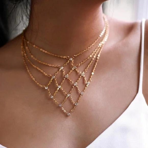 Summer Hollow Mesh Necklace Fashion Party Rhinestone Collarbone Chain Necklace