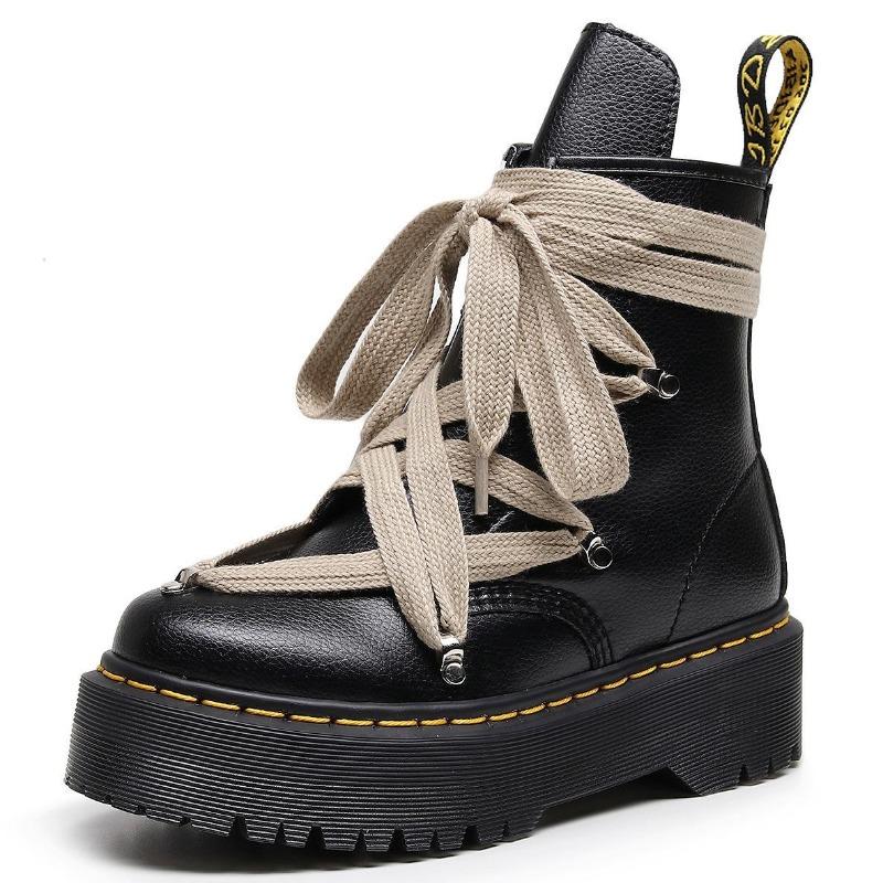 

Женские ботинки Мартинс с высоким верхом, ремешком-крестом, узором личи, боковой молнией, круглой головкой, шестиугольником,个性 35 чёрный