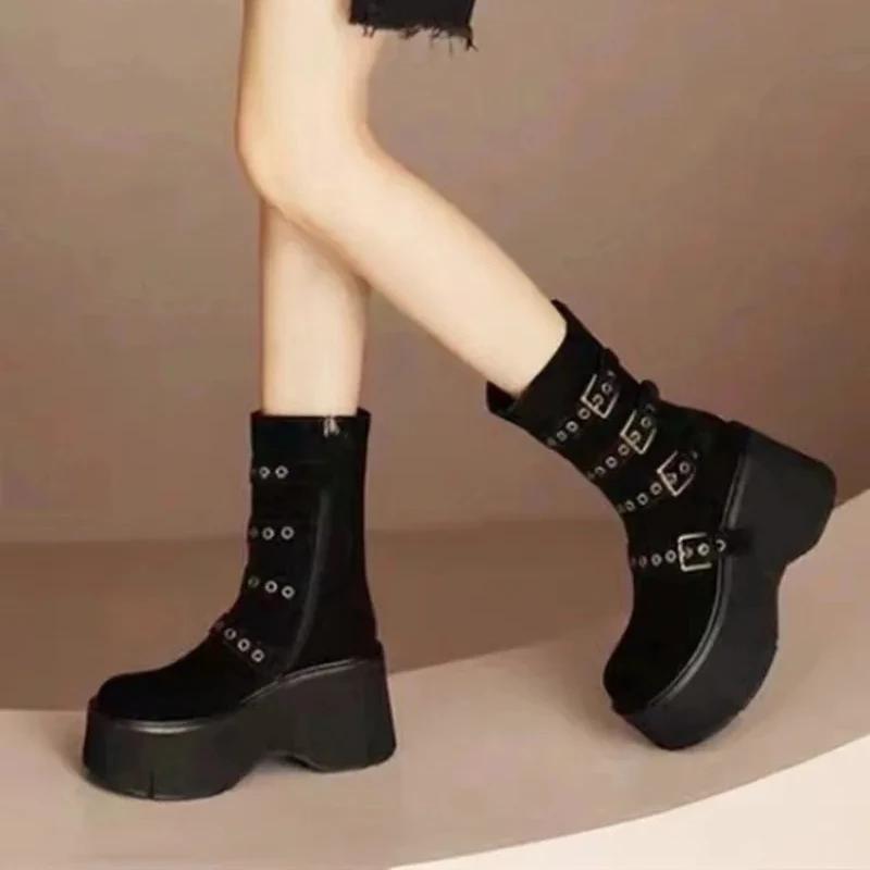 Fashion 2025 New Women's Boots Autumn New Super High Heel 9cm Wedges Thick Soled Boots Zipper Belt Buckle Anti Slip Outdoor Short Boots